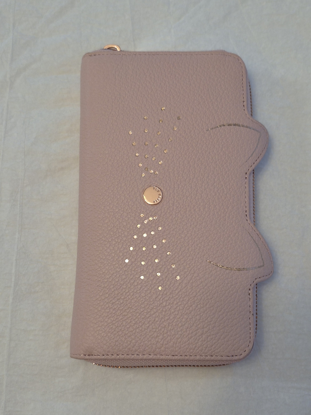 Ted Baker London Dusty Pink Pebbled Bow-Accent Zip Wallet with Gold Studs
